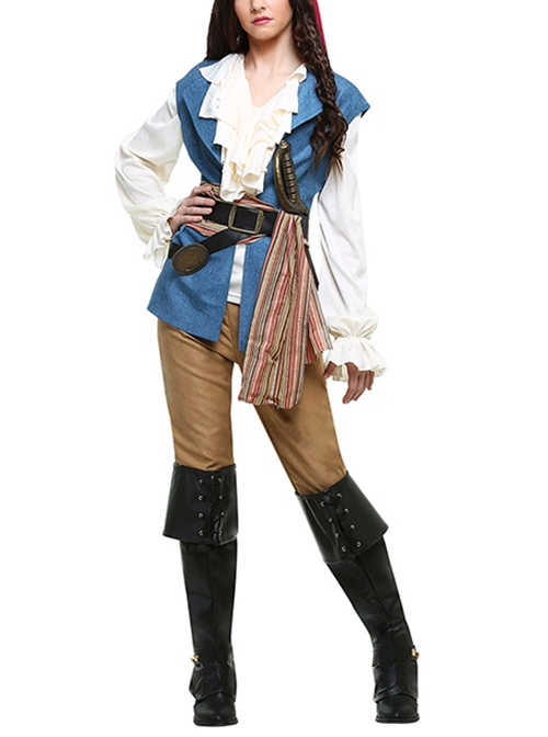 Long Sleeve White Top Blue Vest Pirate Warrior Suit Halloween Couple Costume Female