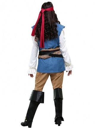 Long Sleeve White Top Blue Vest Pirate Warrior Suit Halloween Couple Costume Female
