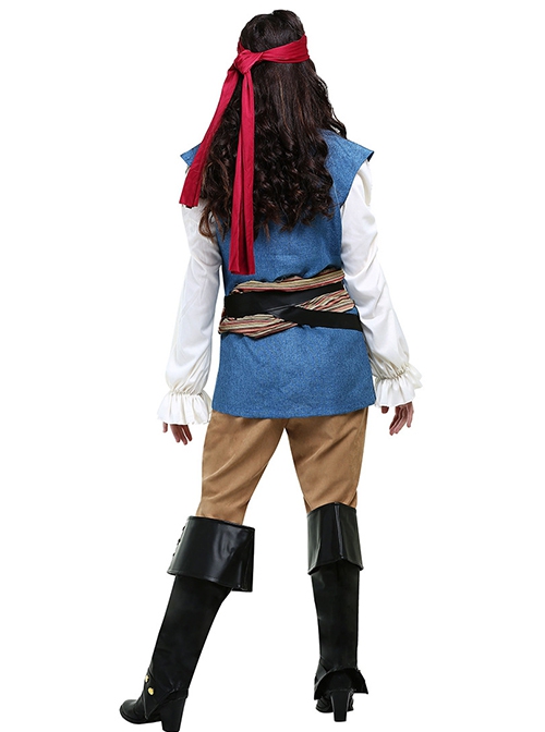 Long Sleeve White Top Blue Vest Pirate Warrior Suit Halloween Couple Costume Female