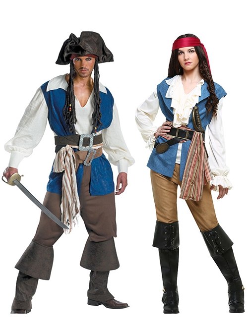 Long Sleeve White Top Blue Vest Pirate Warrior Suit Halloween Couple Costume Female