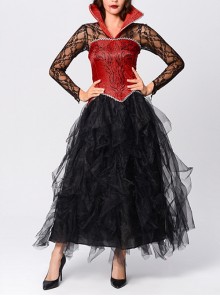 Red Stand Collar Black Hollow Out Long Sleeve Dress Demon Vampire Female Halloween Queen Witch Costume