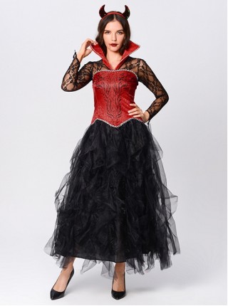 Red Stand Collar Black Hollow Out Long Sleeve Dress Demon Vampire Female Halloween Queen Witch Costume