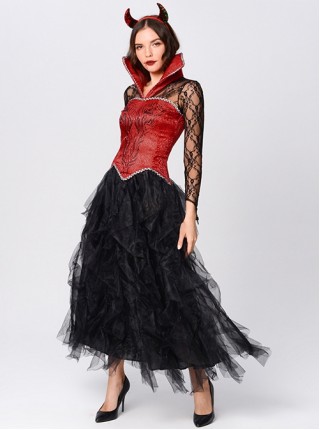 Red Stand Collar Black Hollow Out Long Sleeve Dress Demon Vampire Female Halloween Queen Witch Costume