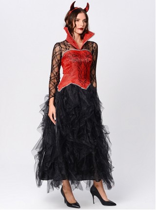 Red Stand Collar Black Hollow Out Long Sleeve Dress Demon Vampire Female Halloween Queen Witch Costume