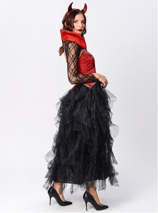 Red Stand Collar Black Hollow Out Long Sleeve Dress Demon Vampire Female Halloween Queen Witch Costume
