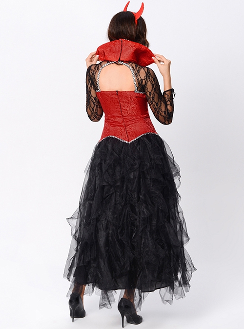 Red Stand Collar Black Hollow Out Long Sleeve Dress Demon Vampire Female Halloween Queen Witch Costume