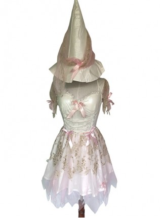 Pointed Hat Pink Sweet Lace Bow Sleeveless Short Dress Halloween Magical Witch Suit