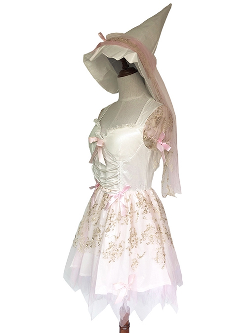 Pointed Hat Pink Sweet Lace Bow Sleeveless Short Dress Halloween Magical Witch Suit