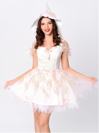 Pointed Hat Pink Sweet Lace Bow Sleeveless Short Dress Halloween Magical Witch Suit