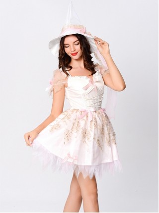 Pointed Hat Pink Sweet Lace Bow Sleeveless Short Dress Halloween Magical Witch Suit