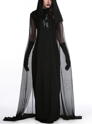 Mystical Evil Witch Black Slim Long Dress Set With Hat Cloak Halloween Vampire Demon Female