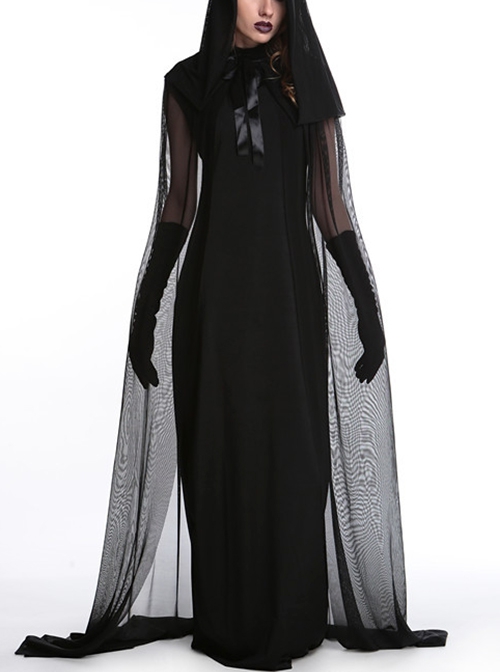 Mystical Evil Witch Black Slim Long Dress Set With Hat Cloak Halloween Vampire Demon Female