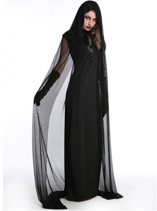 Mystical Evil Witch Black Slim Long Dress Set With Hat Cloak Halloween Vampire Demon Female