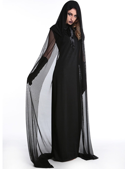 Mystical Evil Witch Black Slim Long Dress Set With Hat Cloak Halloween Vampire Demon Female