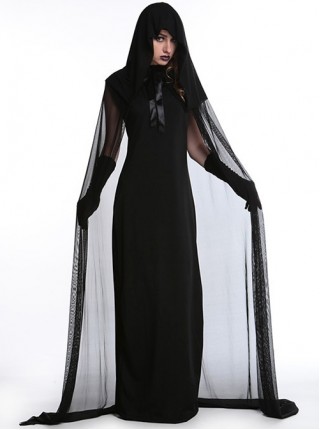 Mystical Evil Witch Black Slim Long Dress Set With Hat Cloak Halloween Vampire Demon Female