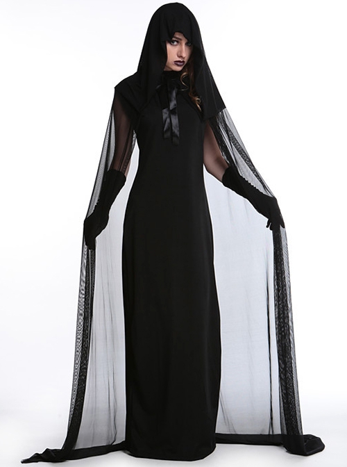 Mystical Evil Witch Black Slim Long Dress Set With Hat Cloak Halloween Vampire Demon Female