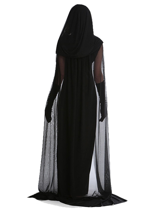 Mystical Evil Witch Black Slim Long Dress Set With Hat Cloak Halloween Vampire Demon Female