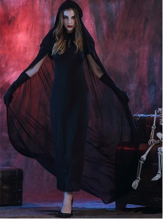 Mystical Evil Witch Black Slim Long Dress Set With Hat Cloak Halloween Vampire Demon Female