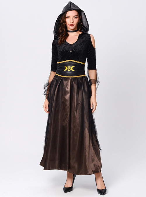 Black V Collar Long Sleeve Long Slim Hooded Dress Halloween Witch Queen Vampire Costume