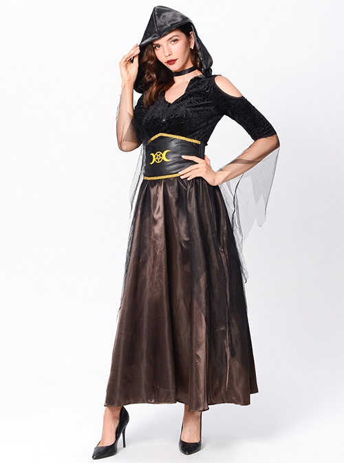 Black V Collar Long Sleeve Long Slim Hooded Dress Halloween Witch Queen Vampire Costume