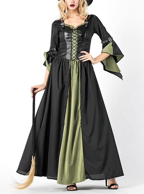 Mysterious Elegant Black-green Medium Sleeve Long Slim Dress Halloween Magic Witch Set