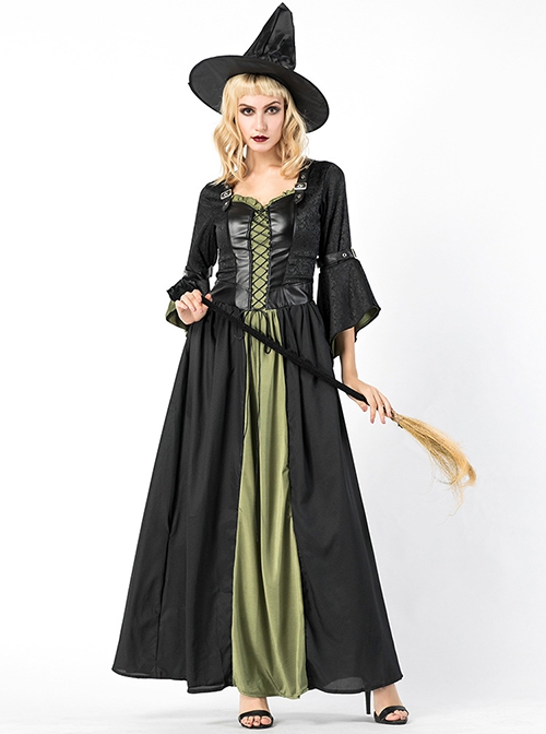 Mysterious Elegant Black-green Medium Sleeve Long Slim Dress Halloween Magic Witch Set