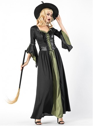 Mysterious Elegant Black-green Medium Sleeve Long Slim Dress Halloween Magic Witch Set