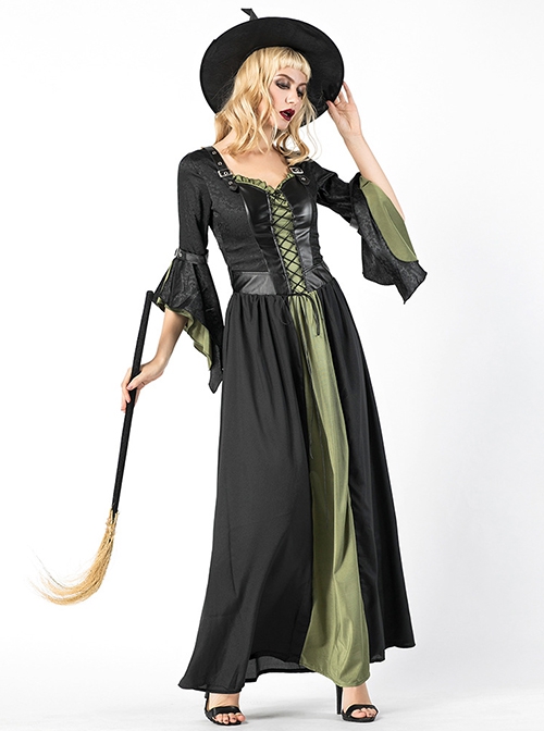 Mysterious Elegant Black-green Medium Sleeve Long Slim Dress Halloween Magic Witch Set