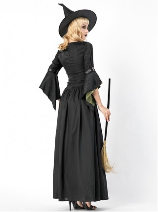 Mysterious Elegant Black-green Medium Sleeve Long Slim Dress Halloween Magic Witch Set