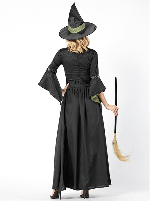 Mysterious Elegant Black-green Medium Sleeve Long Slim Dress Halloween Magic Witch Set