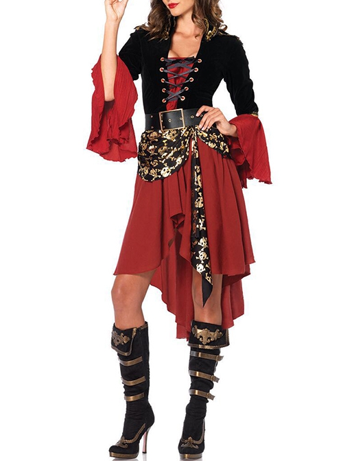 Black Square Collar Long Sleeve Sexy Chest Drawstring Red Cuff Skeleton Decoration Dress Halloween Pirate Queen Warrior Suit