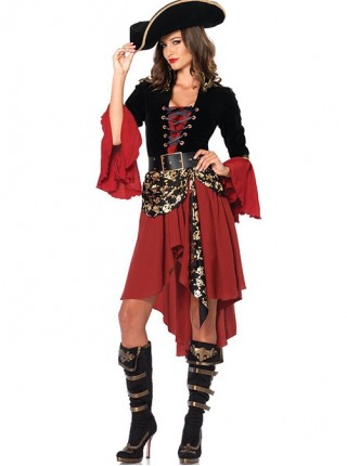 Black Square Collar Long Sleeve Sexy Chest Drawstring Red Cuff Skeleton Decoration Dress Halloween Pirate Queen Warrior Suit