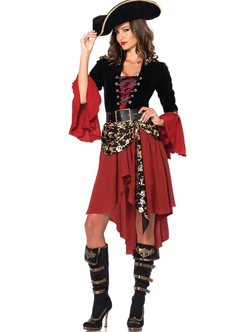 Black Square Collar Long Sleeve Sexy Chest Drawstring Red Cuff Skeleton Decoration Dress Halloween Pirate Queen Warrior Suit