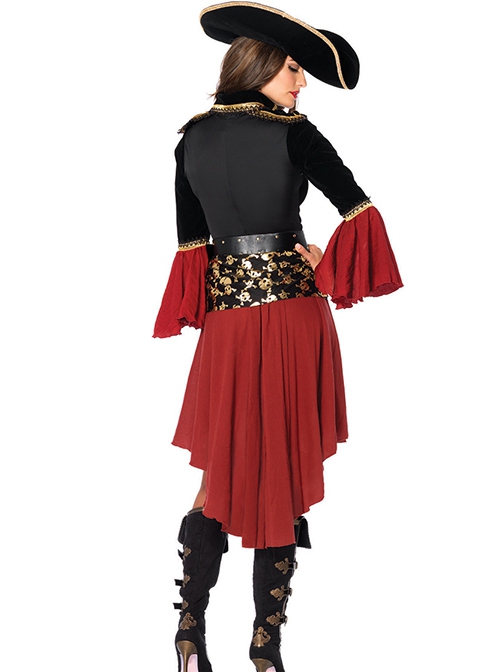 Black Square Collar Long Sleeve Sexy Chest Drawstring Red Cuff Skeleton Decoration Dress Halloween Pirate Queen Warrior Suit