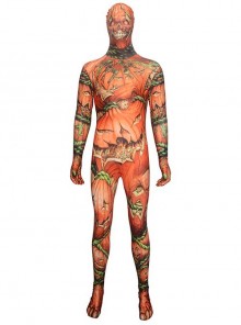 Horror Pumpkin Vine Skeleton Printed Orange Bodysuit Halloween Demon Ghost Costume Male