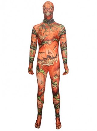 Horror Pumpkin Vine Skeleton Printed Orange Bodysuit Halloween Demon Ghost Costume Male