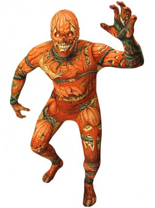 Horror Pumpkin Vine Skeleton Printed Orange Bodysuit Halloween Demon Ghost Costume Male