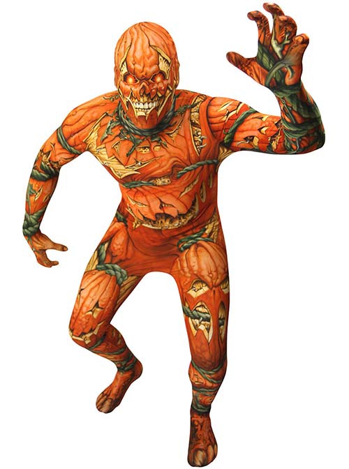 Horror Pumpkin Vine Skeleton Printed Orange Bodysuit Halloween Demon Ghost Costume Male