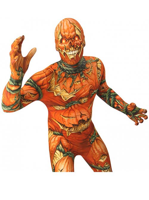 Horror Pumpkin Vine Skeleton Printed Orange Bodysuit Halloween Demon Ghost Costume Male