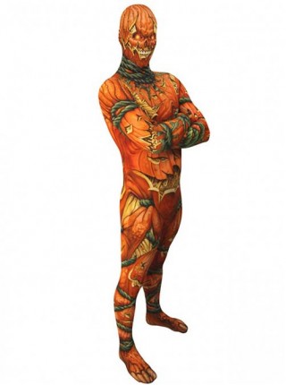 Horror Pumpkin Vine Skeleton Printed Orange Bodysuit Halloween Demon Ghost Costume Male