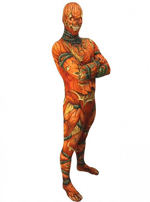 Horror Pumpkin Vine Skeleton Printed Orange Bodysuit Halloween Demon Ghost Costume Male