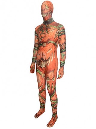 Horror Pumpkin Vine Skeleton Printed Orange Bodysuit Halloween Demon Ghost Costume Male