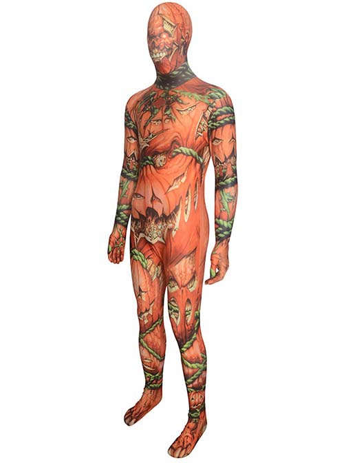 Horror Pumpkin Vine Skeleton Printed Orange Bodysuit Halloween Demon Ghost Costume Male