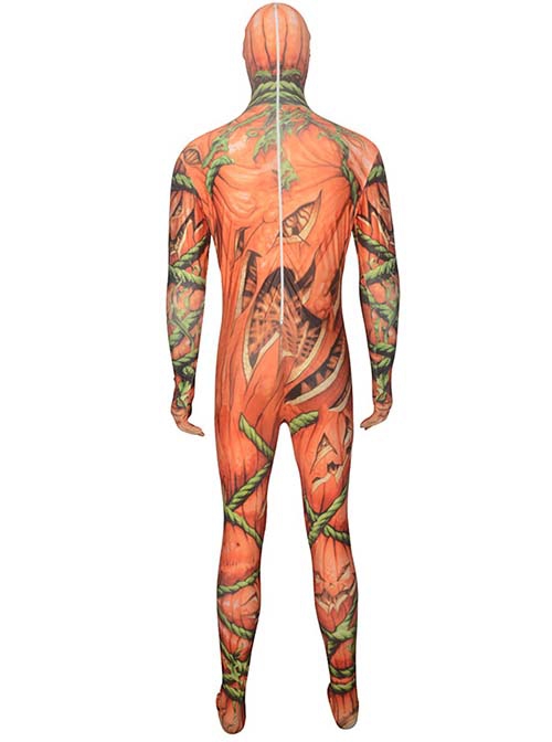 Horror Pumpkin Vine Skeleton Printed Orange Bodysuit Halloween Demon Ghost Costume Male