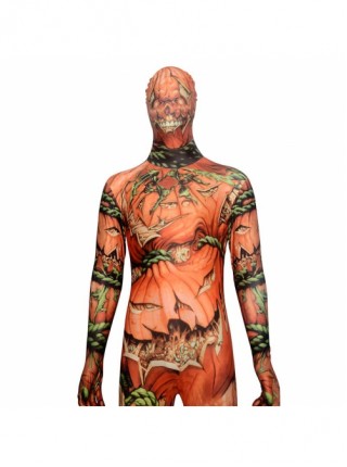 Horror Pumpkin Vine Skeleton Printed Orange Bodysuit Halloween Demon Ghost Costume Male