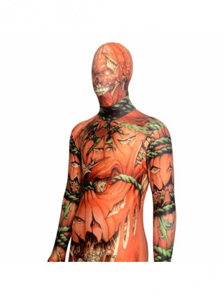 Horror Pumpkin Vine Skeleton Printed Orange Bodysuit Halloween Demon Ghost Costume Male