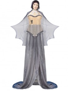 Zombie Bride Emily Grey Headband Bat-like Cape Slim Fit Tube Top Long Dress Set ​Halloween Couple Costume Female