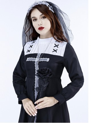 Simple Cross Pattern Black Long Sleeve Short Dress Nun Set Halloween Specter Vampire Costume Female