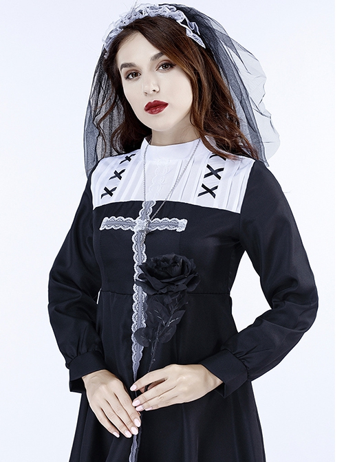 Simple Cross Pattern Black Long Sleeve Short Dress Nun Set Halloween Specter Vampire Costume Female