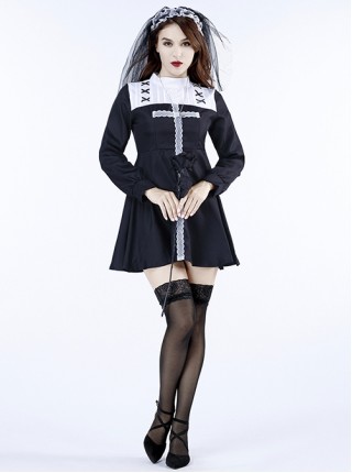 Simple Cross Pattern Black Long Sleeve Short Dress Nun Set Halloween Specter Vampire Costume Female